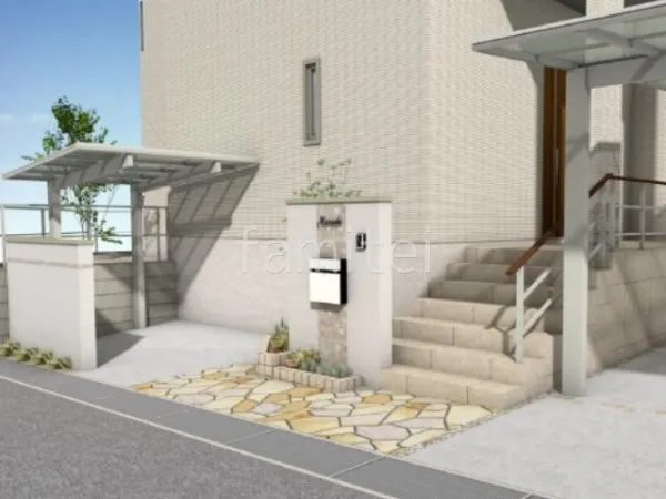 乱形石　アプローチ　塗り壁門柱　手すり