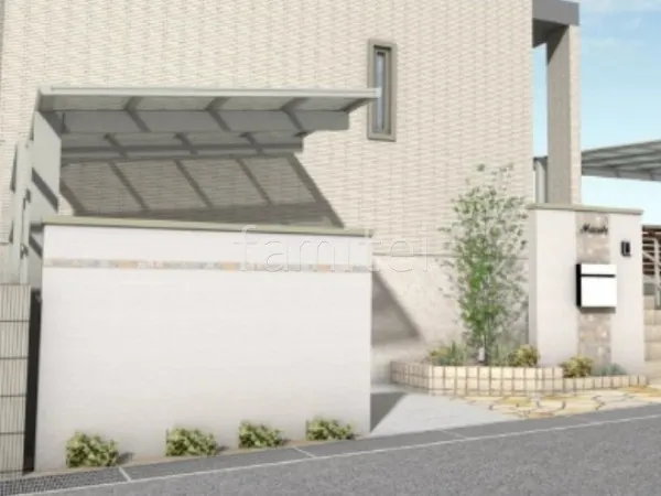 塗り壁門塀　サイクルポート　花壇