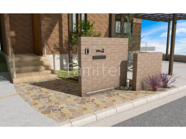 タイル門柱 乱形石 アプローチ 手すり