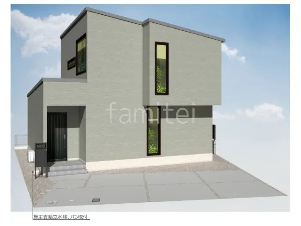 土間コンクリート　砂利敷き　宅配ボックス付き機能門柱