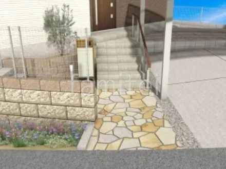 乱形石 アプローチ 宅配ボックス付き機能門柱