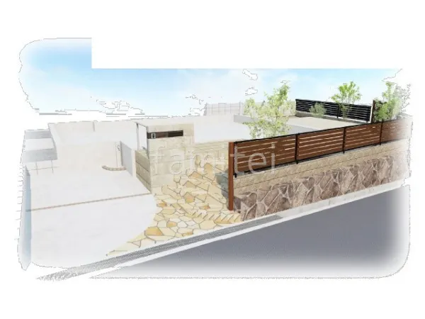 乱形石　アプロ―チ　タイル門柱　目隠しフェンス