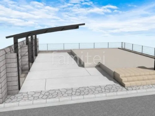 縦2台用カーポート 土間コンクリート アプローチ 乱形石