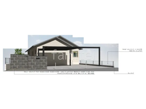 2台用カーポート　梁延長　タイル門柱
