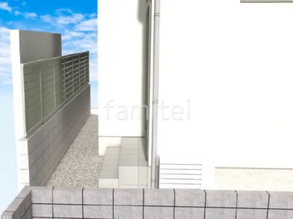 目隠しフェンス　砂利敷き　タイル貼り階段