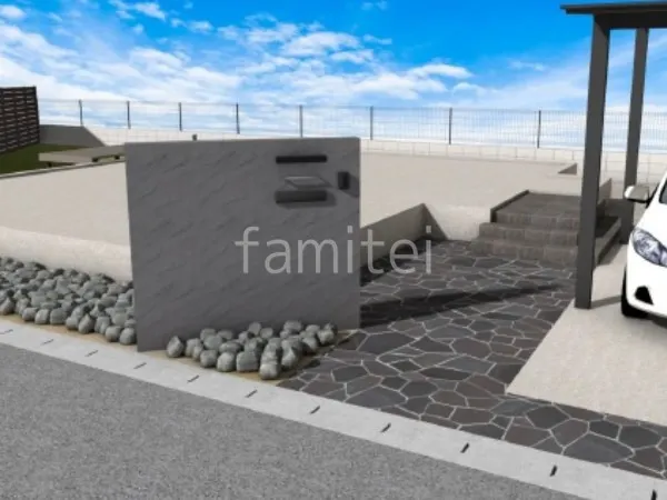 塗り壁門柱　アプローチ　乱形石　ロックガーデン