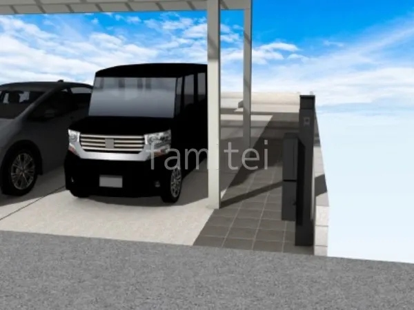 タイルアプローチ　宅配ボックス付き機能門柱