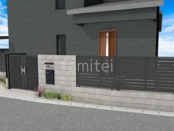 両開き門扉　化粧ブロック門柱　目隠しフェンス