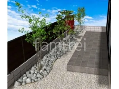 タイルデッキ　目隠しフェンス　ロックガーデン