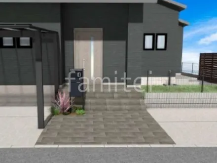 タイルアプローチ　宅配ボックス付き機能門柱