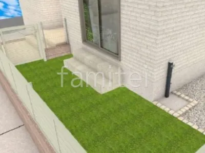 人工芝　片開き門扉　タイル貼り階段　立水栓