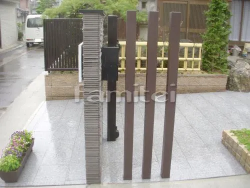 アプローチ 床ミカゲ板石貼り デザイン角柱 木製調アルミ角材 プランパーツ