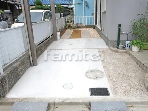 駐車場ガレージ床 土間コンクリート ピンコロ石目地 床洗い出し仕上げ 砂味コンクリート 化粧砂利敷き アベニューストーン ラテイエロー 防草シート加工 既存再利用