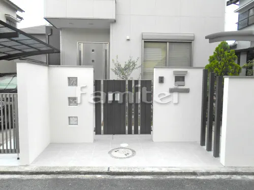 玄関まわり 門袖 塗り壁 エスケー化研 ベルアート塗装 こて仕様 ジェラート仕上げ AC-1035 ガラスブロック クリア アルミ笠木 LIXILリクシル コーピング 木製調デザインアルミ角柱 デザイナーズパーツ 角材 隙間隠し