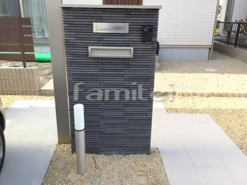 モダン門柱 壁タイル貼り LIXILリクシル はるかべくん 細割ボーダー HB-6 アルミ笠木 コーピング 郵便受けポスト エクスポストS-1型 埋め込み式 口金タイプ ポールライト照明 Panasonicパナソニック XLGE500YL