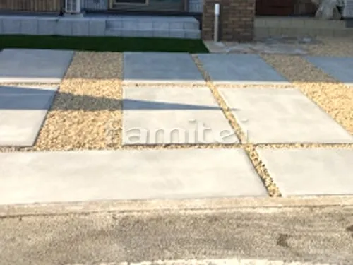 駐車場ガレージ床 轍(わだち) 土間コンクリート 防犯砂利目地 防草シート加工