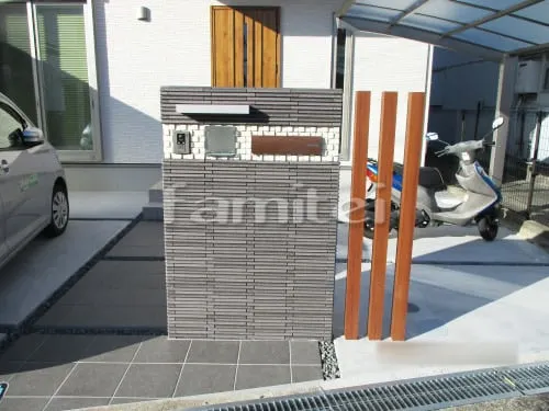 モダン門柱 壁タイル貼り LIXILリクシル はるかべくん 細割ボーダー HB-6 モザイクタイル OnlyOneオンリーワン T3Y3　木製調デザインアルミ角柱 プランパーツ 角材