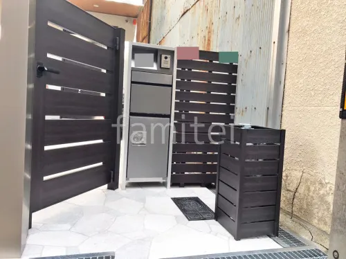 片開き 門扉 YKKAP 木製調 ルシアスYS4型 横スリット  宅配ボックス門柱 （機能門柱 ） Panasonic アーキフレームF 前入れ後出し 照明付き 