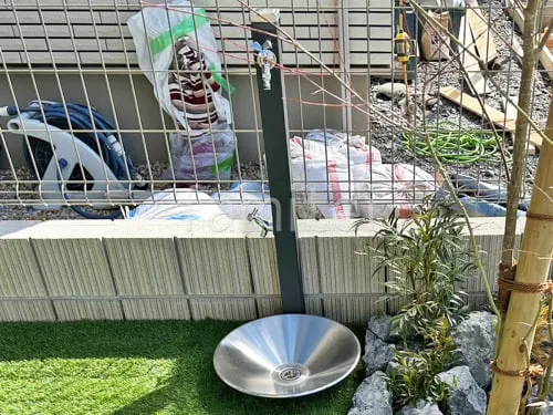 立水栓 ユニソン スプレスタンド60 蛇口2個 水受け(パン) シャインポット