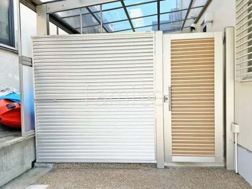 アルミ形材 フェンス YKKAP シンプレオYL1型 横ルーバー 2段支柱 目隠し 片開き 門扉 YKKAP 木製調 ルシアスYM1型 横目隠し 