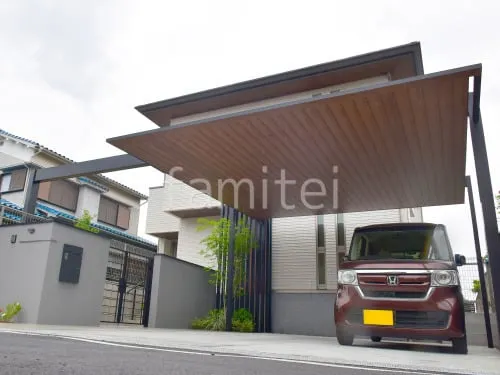 カーポート２台(ワイド) ツイン 三協アルミ 木製調 FII フラット屋根 吊り下げ屋根