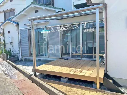 人工木デッキ  LIXIL 人工木 樹ら楽ステージ  １階テラス屋根 （雨除け） LIXIL スピーネF フラット屋根 スタンダード 壁付