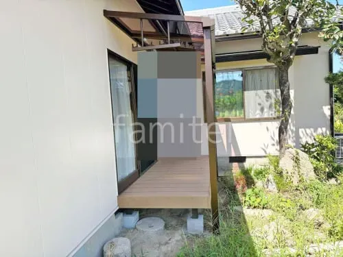 人工木デッキ  LIXIL 人工木 樹ら楽ステージ  １階テラス屋根 （雨除け） YKKAP ソラリアF フラット屋根 スタンダード 壁付