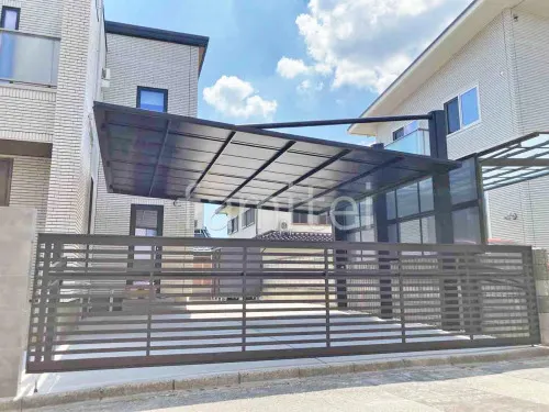 カーポート２台(ワイド) ツイン 三協アルミ ダブルフェース 側面支持 フラット屋根 後ろ柱