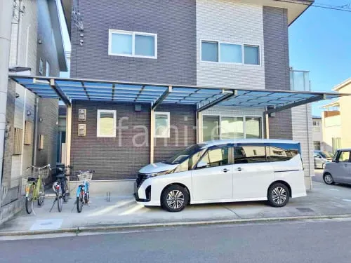 カーポート２台(縦) 連棟 三協アルミ ニューマイリッシュ 逆勾配 フラット屋根 前下がり屋根