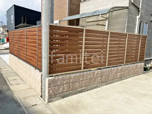 ブロック塀 （化粧ブロック） ユニソン シャモティ  アルミ形材 フェンス LIXIL 木製調AB YS3型 横スリット3 目隠し 木調・ラティス