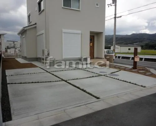 和歌山市　洋風　オープン外構　枕木アプローチ　レンガ花壇　車庫土間コンクリート　草目地　タマリュウ