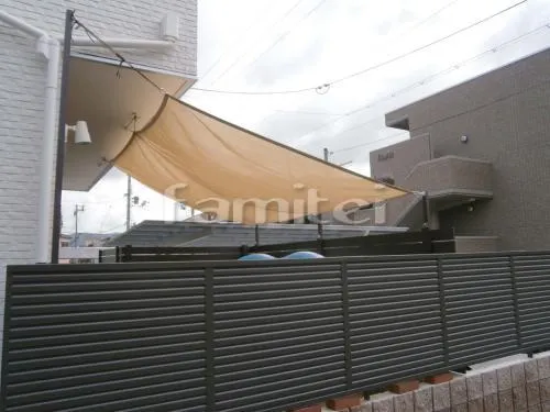 宇治市 外構工事 カーポート 土間コンクリート 目隠しフェンス ベランダ屋根 日除けシェード ウッドデッキ 目隠し格子フェンス 隙間隠し
