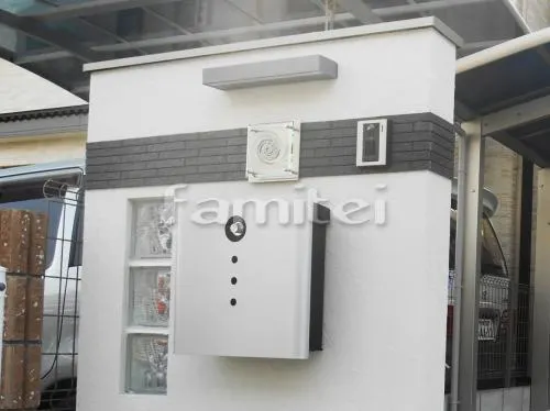 葛城市 外構工事 玄関まわり 門柱 照明 表札 ポスト アプローチ ピンコロ石花壇 シンボルツリー 玄関アプローチ 玄関アプローチステップ カーポート セキュリティー防犯ライト照明  デザイン目隠し塀 自転車バイク屋根 駐輪場 勝手口門扉 防犯砂利敷き ガーデンルーム