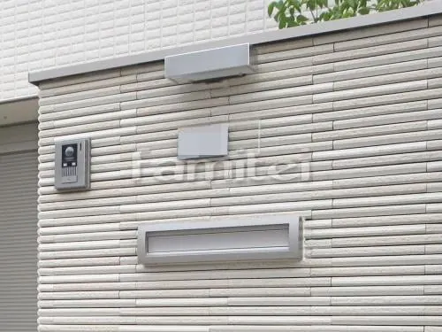 守山市 外構工事 玄関まわり 門柱 照明 ポスト 花壇 アプローチ 駐車場ガレージ床 土間コンクリート 錆砂利目地 シンボルツリー シマトネリコ 常緑樹 植栽 ヨド物置