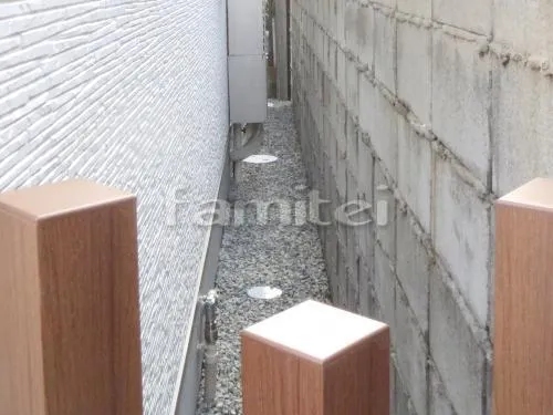 豊中市 外構工事 新築洋風 セミクローズ外構 玄関まわり 門柱 照明 表札 角柱 ポスト ポーチ 駐車場ガレージ床 土間コンクリート 車止め 溝蓋 目隠し塀 犬走り 防犯砂利敷き バラス砕石