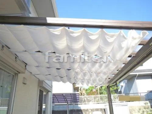 川西市 リフォーム部分工事 フル木製調テラス屋根(パーゴラ風) 三協アルミ ナチュレ 1階用 F型フラット屋根　日除け 三協アルミ ナチュレテラス用 洗濯干し屋根 レギュラーテラス屋根 1階用 R型アール屋根 目隠しパネル(前面 正面)1段 目板隙間ふさぎカバー 物干し