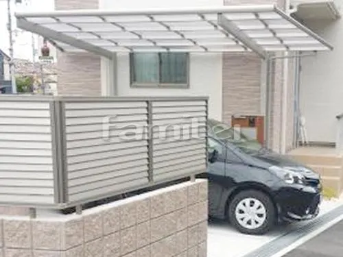 枚方市 リフォームオープン外構 カーポート エフルージュグラン 1台用(単棟) F型フラット屋根 目隠しフェンス塀 プレスタ8型 化粧ブロック シャモティ 伸縮門扉 ニューエクジスXK型 ノンレールキャスタータイプ アコーディオンゲート ベランダ屋根 ヴェクターテラス屋根(ベクター) 