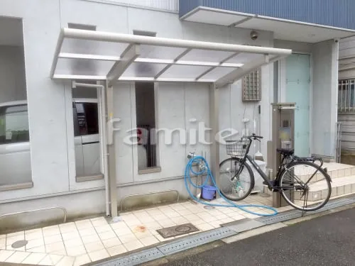 大阪市西淀川区 エクステリア工事 自転車バイク屋根 YKKAP レイナポートグランミニ 駐輪場屋根 サイクルポート R型アール屋根 特殊加工 斜めカット