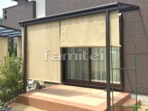 吹田市 エクステリア工事 雨除け屋根 LIXILリクシル スピーネ 1階用 F型フラット屋根 日除け TAKASHOタカショー ロールアップブラインド