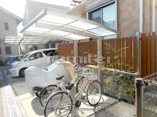 池田市 エクステリア工事 自転車バイク屋根 YKKAP レイナポートグランミニ 駐輪場屋根 サイクルポート R型アール屋根