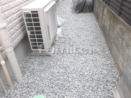 宝塚市 新築シンプル オープン外構 門柱 袖壁 アプローチ 土間コンクリート 花壇 フェンス 門扉 犬走り 防犯砂利敷き バラス砕石