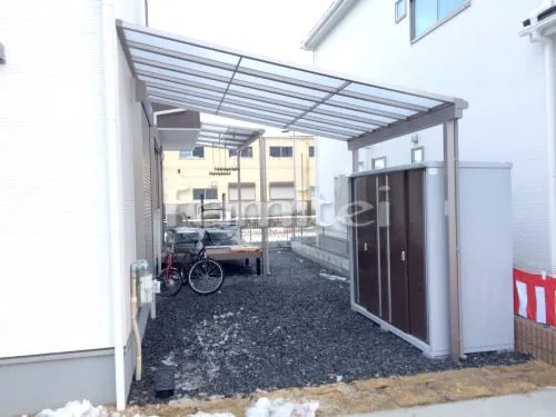 守山市 エクステリア工事 雨除け屋根 LIXILリクシル スピーネ 1階用 F型フラット屋根 イナバ物置 シンプリー MJX-219E ティンバーブラウン 野外物置き 収納庫 倉庫