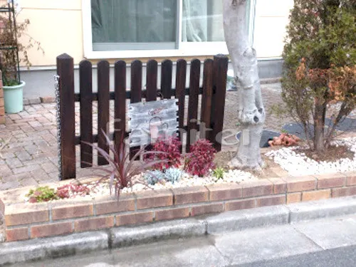 大和高田市 リフォーム庭園工事 洋風門柱 塗り壁 R加工カーブ曲線デザイン レンガ笠木 東洋工業TOYO プリウスブリッシェイド スモール 郵便受けポスト ディーズガーデン スタッコ-U 埋め込み式 下草 低木 植栽 化粧砂利