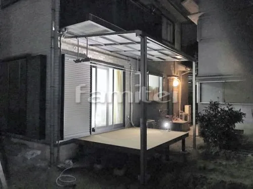 柏原市 エクステリア工事 雨除け屋根 LIXILリクシル スピーネ 1階用 F型フラット屋根 物干し 人工木ウッドデッキ YKKAP リウッドデッキ200