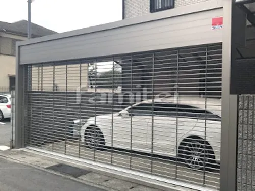 芦屋市 エクステリア工事 電動車庫シャッターゲート LIXILリクシル ワイドシャッターS Fタイプ ステンレスパイプ 横2台用 既存ゲート撤去