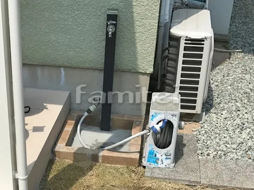 神戸市北区 リフォーム庭園工事 雨除け屋根 YKKAP ヴェクターテラス屋根(ベクター) 1階用 F型フラット屋根 タイルデッキ LIXILリクシル グレイスランド300角 GRL-14 立水栓 ユニソン スプレスタンド