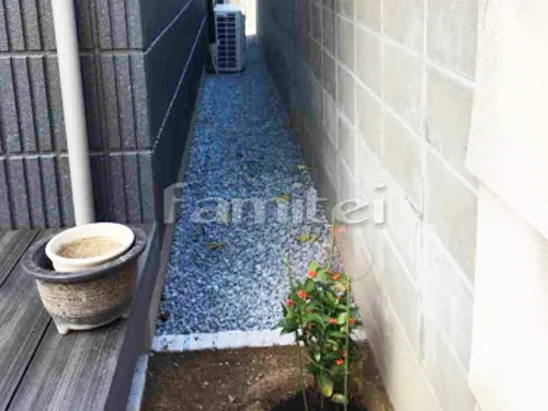 寝屋川市 新築シンプル オープン外構玄関アプローチ 目隠しフェンス塀 人工木ウッドデッキ 犬走り