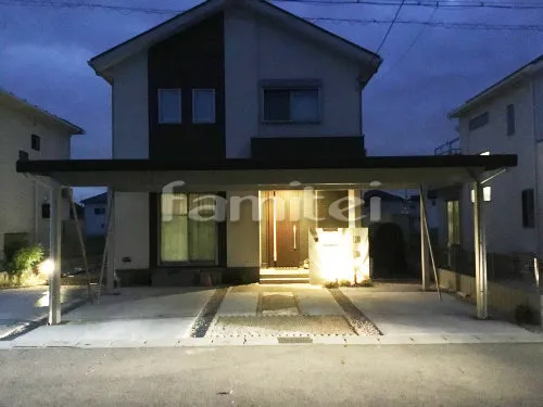 近江八幡市 エクステリア工事 雨除け屋根 YKKAP ソラリアテラス屋根 1階用 F型フラット屋根 物干し 目隠しパネル(前面 正面) 2段 積雪カーポート YKKレオンポートneo横3台