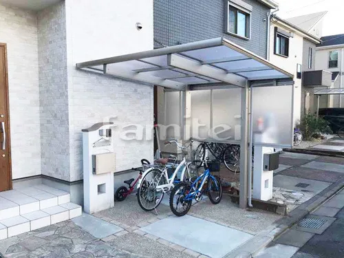 自転車バイク屋根 YKKAP 木製調 エフルージュグランミニ サイクルポート F型フラット屋根　洗出し