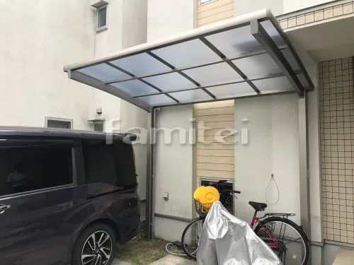 明石市 エクステリア工事  自転車バイク屋根 LIXILリクシル フーゴR R型アール屋根 サイクルポート 駐輪場屋根